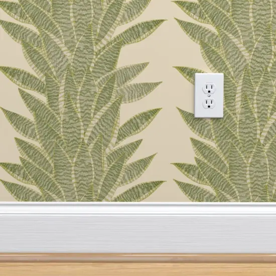 Pre-Pasted Wallpaper 2FT Wide Tropical Stripe Olive Green Succulent Neutral Greenery Custom Pre-pasted Wallpaper by Spoonflower {4}
