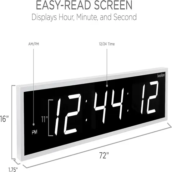 Ivation 72 in. Large Digital Wall Clock, LED Digital Clock with Timer and Alarm White {3}