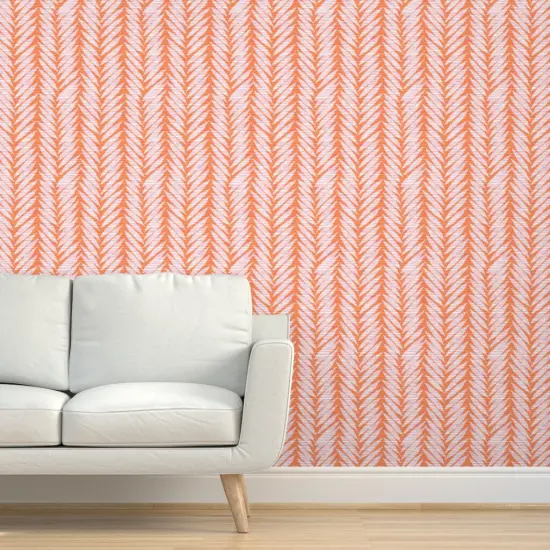 Pre-Pasted Wallpaper 2FT Wide Tropical Stripe Papaya Orange Cotton Candy Pink Summer Vacation Custom Pre-pasted Wallpaper by Spoonflower {5}