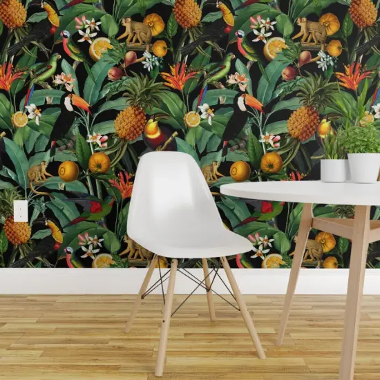 Pre-Pasted Wallpaper 2FT Wide Nature Botanical Tropical Toucans Monkeys Parrots Custom Pre-pasted Wallpaper by Spoonflower {1}