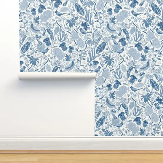 Peel & Stick Wallpaper 2FT Wide Blue Nature Birds Plant Cardinal Botanical Meadow Chintz Quail Southern Medium Scale Custom Removable Wallpaper by Spoonflower {2}