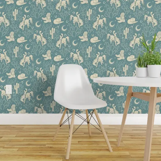 Pre-Pasted Wallpaper 2FT Wide Southwest Dusky Blue Boots Cactus Ranch Rodeo Cowboy Hat Moon Custom Pre-pasted Wallpaper by Spoonflower {1}