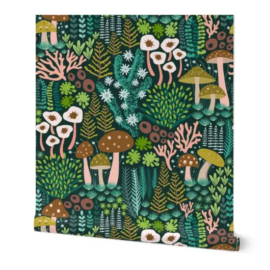 Peel & Stick Wallpaper 2FT Wide Green Mossy Mushrooms Woodland Botanical Lichen Nature Whimsical Teal Custom Removable Wallpaper by Spoonflower {7}