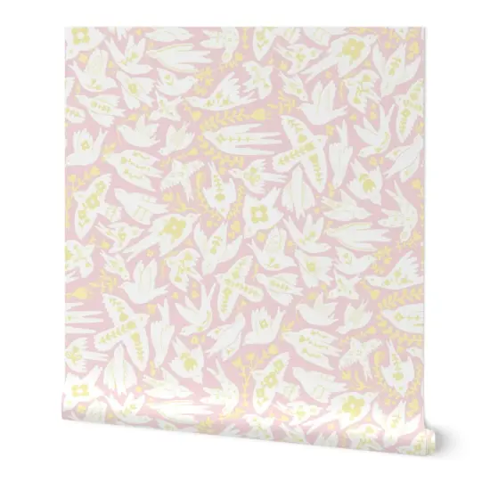 Peel & Stick Wallpaper 2FT Wide Whimsical Doves Pastel Pink Yellow Birds Floral Custom Removable Wallpaper by Spoonflower {7}