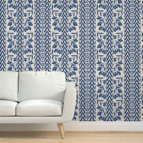 Pre-Pasted Wallpaper 2FT Wide Folk Floral Stripe Large Scale Blue Tan Chintz Flowers Custom Pre-pasted Wallpaper by Spoonflower {5}