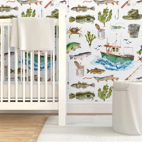 Pre-Pasted Wallpaper 2FT Wide Watercolor Adventure Fish Boat Nautical Custom Pre-pasted Wallpaper by Spoonflower {7}