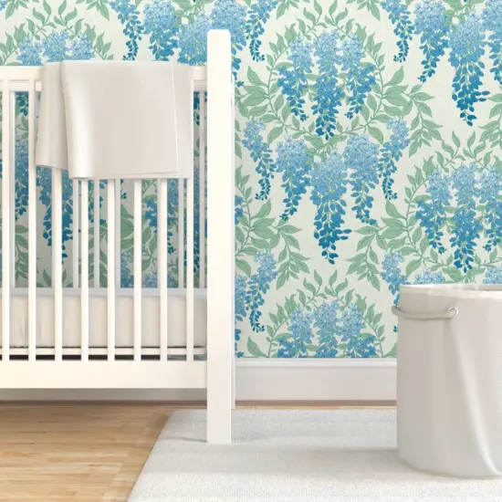 Pre-Pasted Wallpaper 2FT Wide Art Deco Floral Botanical Wisteria Cottagecore Garden Vine Leaves Vintage Flowers Hand Drawn Custom Pre-pasted Wallpaper by Spoonflower {7}