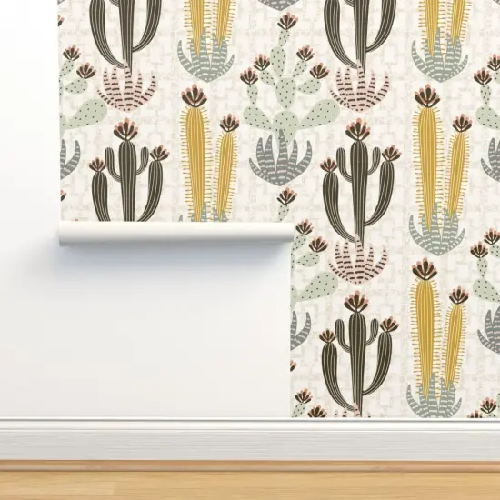 Peel & Stick Wallpaper 2FT Wide Cactus Neutral Large Scale Western Desert Succulent Plant Botanical Floral Custom Removable Wallpaper by Spoonflower {2}