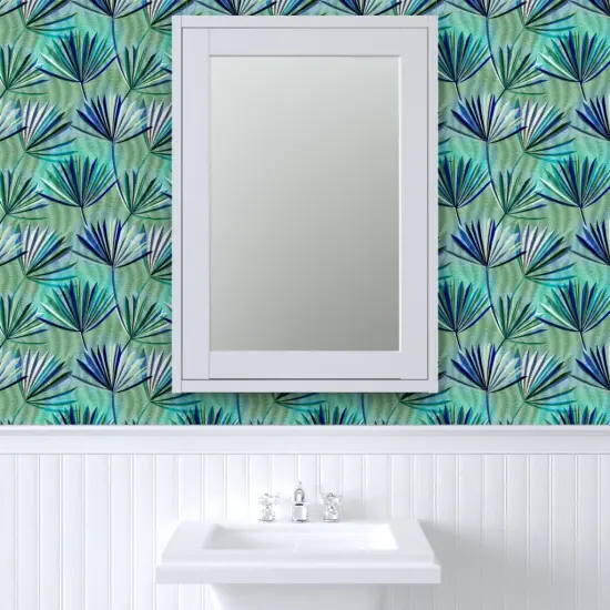 Peel & Stick Wallpaper 2FT Wide Jungle Palm Tropical Foliage Rainforest Summer Electric Blue Green Large Scale Custom Removable Wallpaper by Spoonflower {6}