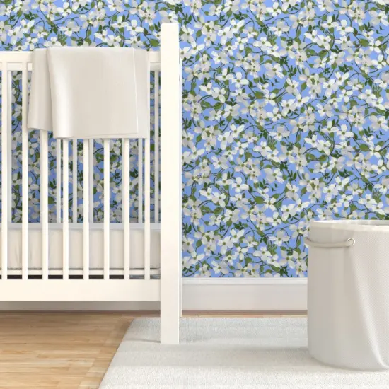 Pre-Pasted Wallpaper 2FT Wide Floral Botanical Tree Blue Flowers Branches Blossoms Sky Spring Dogwood Blooms Custom Pre-pasted Wallpaper by Spoonflower {7}