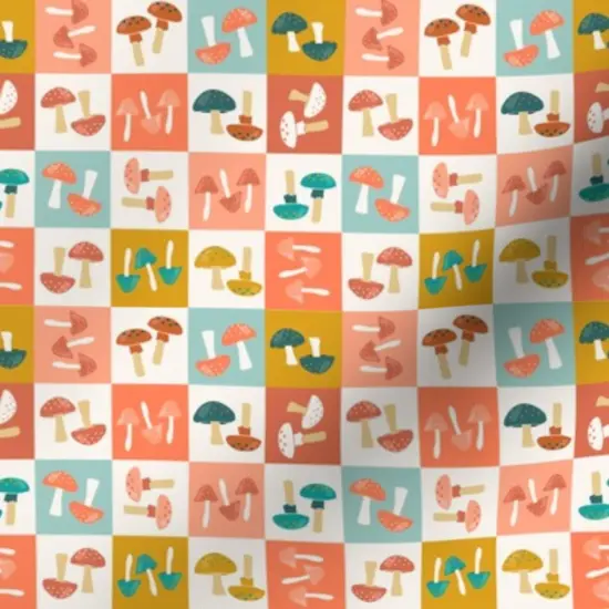 Various Fabrics by the Yard or Fat Quarter Checkerboard Mushrooms Orange Blue Shrooms Toadstools Nature Botanical Whimsical Custom Printed Fabric by Spoonflower {7}