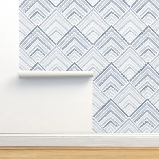 Pre-Pasted Wallpaper 2FT Wide Coastal Geometric Modern Blue Monochrome Lines Neutral Beach Sea Chevron Custom Pre-pasted Wallpaper by Spoonflower {2}