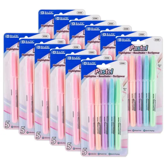 Pen Style Highlighter with Pocket Clip, Pastel, 5 Per Pack, 12 Packs {1}