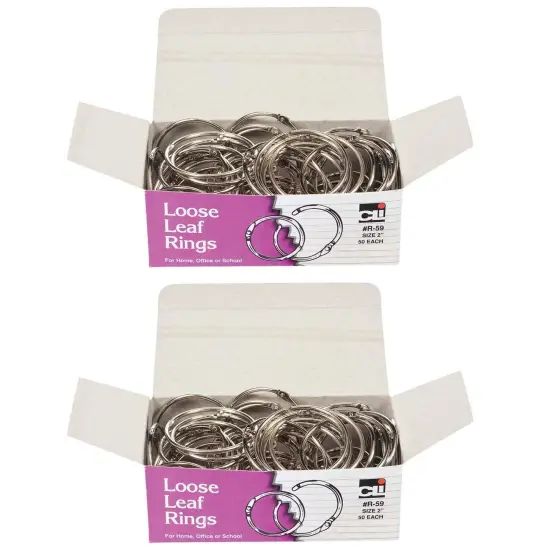 Loose Leaf Rings with Snap Closure, Nickel Plated, 2 Inch Diameter, 50 Per Box, 2 Boxes {1}