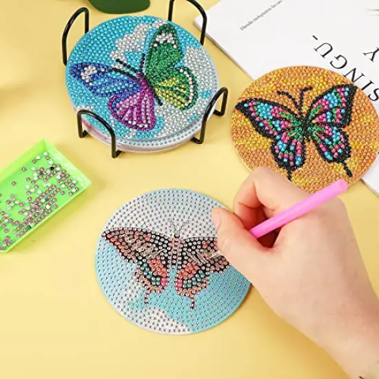 8 PCS Diamond Painting Coasters for Drinks - DIY Life Coaster Kits, Diamond Art for Adults, Kids, and Beginners, Includes Butterfly Design Craft Supplies {3}