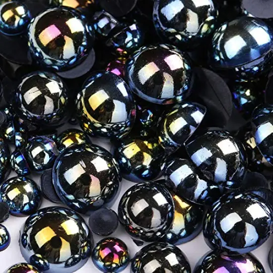 1000 Pieces Flatback Half Pearls, Mixed Size 4/6/8/10/12/14mm Flat Back Round Half Pearls Beads for Crafts Jewelry, Loose Beads Gem (Jet Black AB) {2}