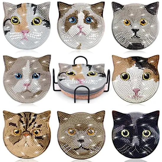Billbotk 8 Pieces Diamond Painting Coasters Kit with Holder, Diamond Art Coasters, DIY Diamond Art Crafts Projects, Diamond Dotz Kits for Adults and Beginners(Cat Style) {1}