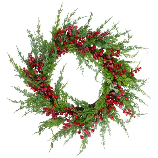 Northlight Real Touch&trade;️ Iced Berries and Pine Artificial Christmas Wreath- 24" - Unlit Red {1}