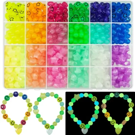 612 Pieces Candy Color Acrylic UV Beads Glow in The Dark Beads Happy Face Bead Heart Beads Star Beads Color Changing Sun UV Reactive Plastic Solar Hair Beads Bulk for Bracelet Necklace Jewelry Making {1}