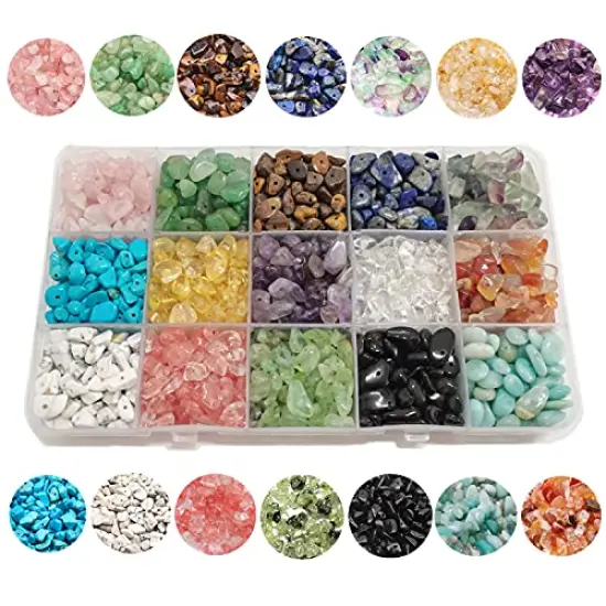 1888 Pieces Natural Chip Stone Beads About 500g Irregular Gemstones Healing Crystal Loose Rocks Bead Hole Drilled DIY for Bracelet Jewelry Making Crafting (5-8mm, 15 Color Mix-S1) {2}