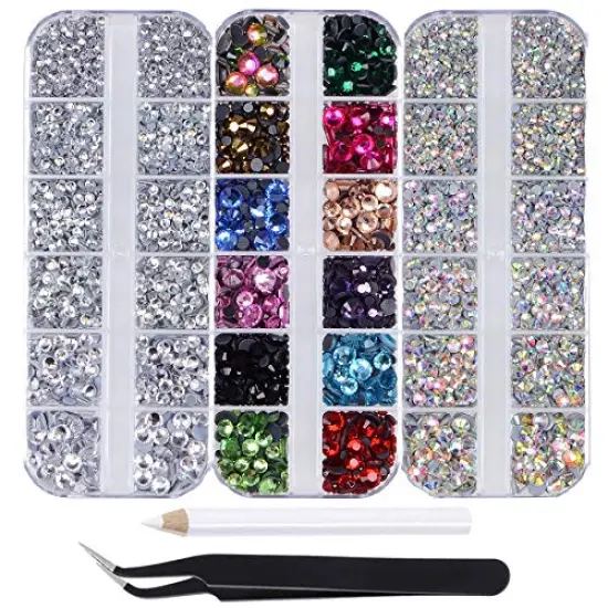 Massive Beads 9500+ Flatback Round Glass Hotfix Iron On Rhinestones Gemstone for DIY Making w/ 1 Tweezer & 1 Picking Pen for Shoes, Clothes, Bags, Manicure (12-Colors, Crystal, Crystal AB, 5&6 Sizes) {1}