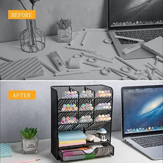 Metal Pen Organizer, Pencil Holder for Desk, Desk Organizer with Drawer for School, Home, Art Supplies (Black) {5}