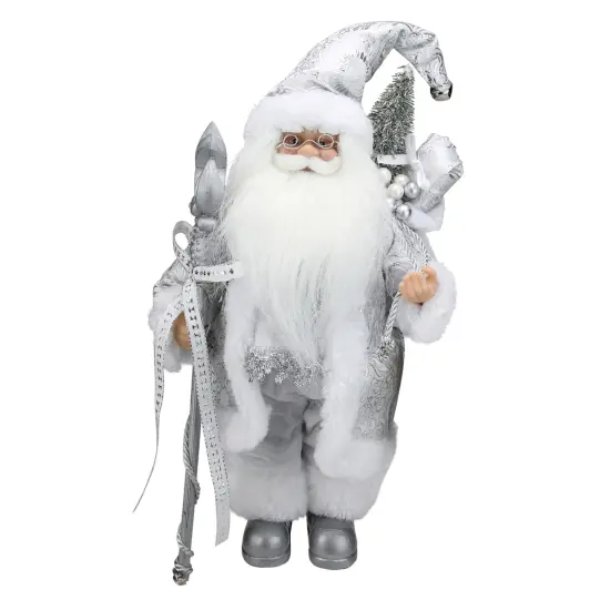 Northlight 12" White and Silver Santa Claus with Staff and Gift Bag Christmas Figure {1}