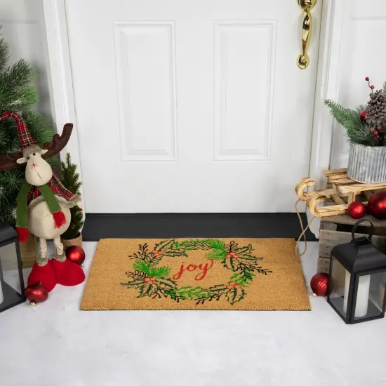 Northlight Natural Coir "Joy" Wreath Christmas Doormat 18" x 30" Brown {3}