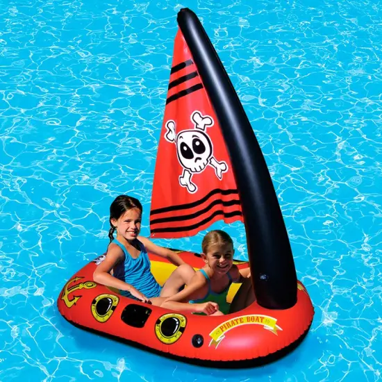 Swim Central Inflatable Red Pirate Boat Swimming Pool Float with Jolly Roger Sail, 57-Inch {3}