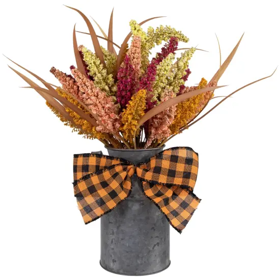 Northlight Autumn Harvest Foliage in Canister Floral Decoration with Checkered Bow - 18" Orange {1}
