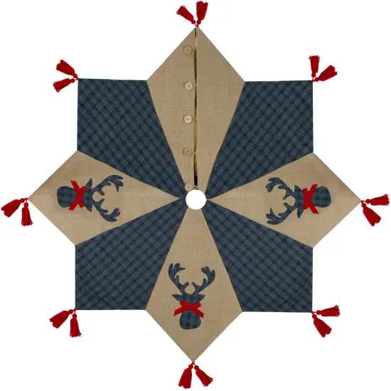 Northlight 48" Blue and Brown Burlap and Plaid Reindeer Christmas Tree Skirt with Tassels {3}