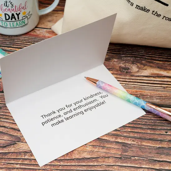 Mabie Swan - Best Teacher Gift Box, Six Elegant Pieces - 12oz Natural Canvas Cotton Tote, 12oz Enamel Mug, PU Leather Notebook, Ballpoint Pen, ID Card Holder, with "Thank You" Card Teacher Gift Set {5}