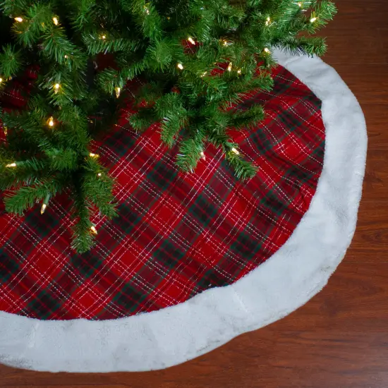 Northlight 60" Red and Green Plaid Christmas Tree Skirt With White High Pile Fleece Trim {3}