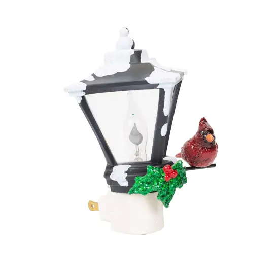 Roman Cardinal on a Snow Covered Street Lamp Flickering Christmas Night Light - 6" Black {3}