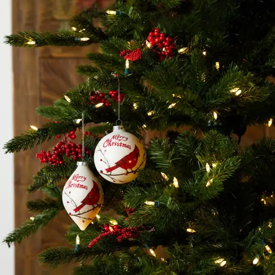 Melrose Set of 8 White Glass Ball Christmas Ornaments with Cardinals 4.75" {3}
