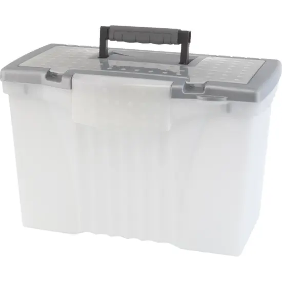 Storex Portable File Box with Organizer Lid, Legal/Letter, Clear/Silver {1}