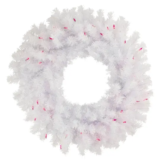 Northlight Pre-Lit Geneva Spruce Artificial Christmas Wreath - White - 24" - White - Pink Lights {1}
