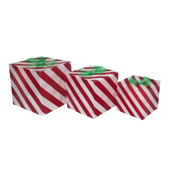 Northlight Lighted Candy Cane Striped Gift Box Outdoor Christmas Decoration - 12" - Red and White - Set of 3 {1}
