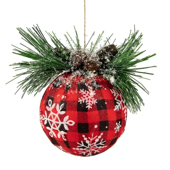 Northlight Buffalo Plaid and Pine Needle Snowflake Christmas Ball Ornament - 5.5" - Black and Red {1}