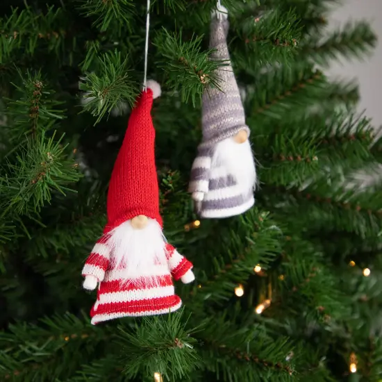 Northlight Set of 2 Red and Gray Striped Gnome Plush Christmas Ornaments 6.25" {3}