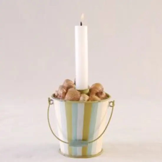 Gallerie II 4.5" Beach Inspired Green, Blue and White Striped Seashell Pail Taper Candle Holder {3}