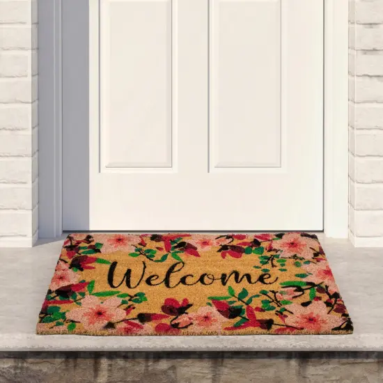 Northlight Natural Coir Blossoming Floral Outdoor Rectangular "Welcome" Doormat 18" x 30" Brown {3}