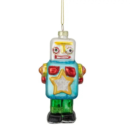 Northlight Glittered Robot Glass Christmas Ornament - 4.75" - Multi-Colored Blue {3}