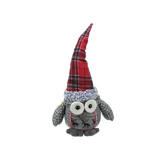 Northlight Plush Owl with Plaid Hat Christmas Figure - 16.75" - Red and Gray {1}