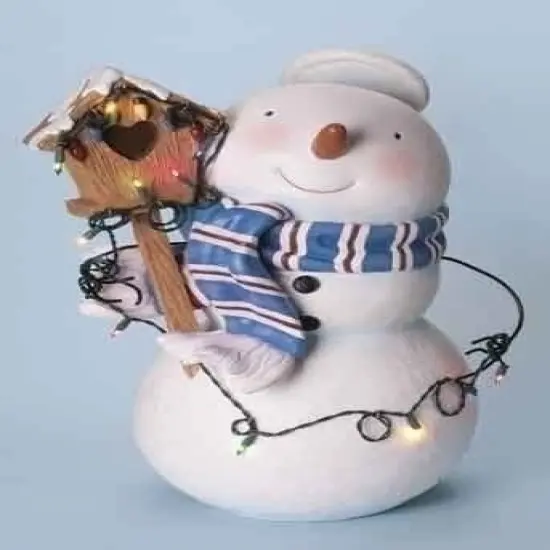 Roman 25 White and Blue Lighted Snowman with Halo and Birdhouse Christmas Figure {1}