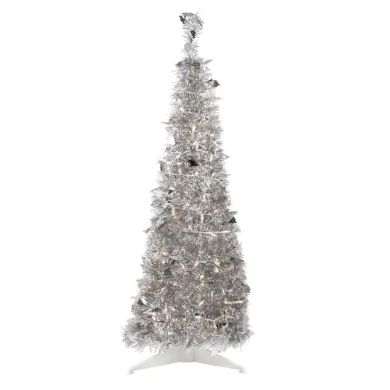 Northlight 4' Pre-Lit Silver Tinsel Pop-Up Artificial Christmas Tree, Clear Lights {1}