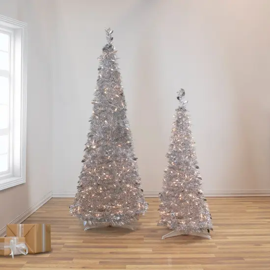 Northlight 6' Pre-Lit Silver Tinsel Pop-Up Artificial Christmas Tree - Clear Lights {3}