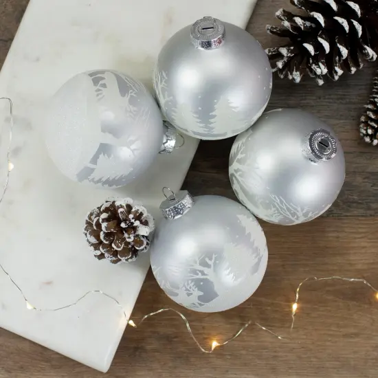 Northlight Glittered Forest Scene Christmas Glass Ball Ornaments - 3.25" (80mm) - Silver- 4ct {3}