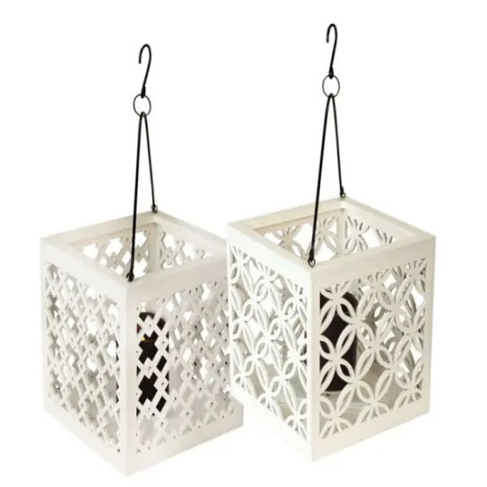 Melrose 8.5" Metro White Geometric Flower Lattice Hanging Patio Pillar Candle Lantern {1}