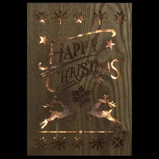 Gerson 10" Lighted Wooden "Happy Christmas" Christmas Wall Decoration Brown {3}